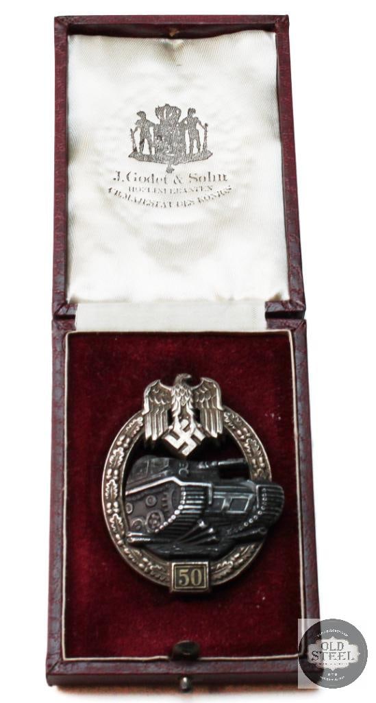 Original Panzer Assault Badge Grade 50 in Bronze with Original Box - J.Godet & Sohn - German WWII (1 of 1)