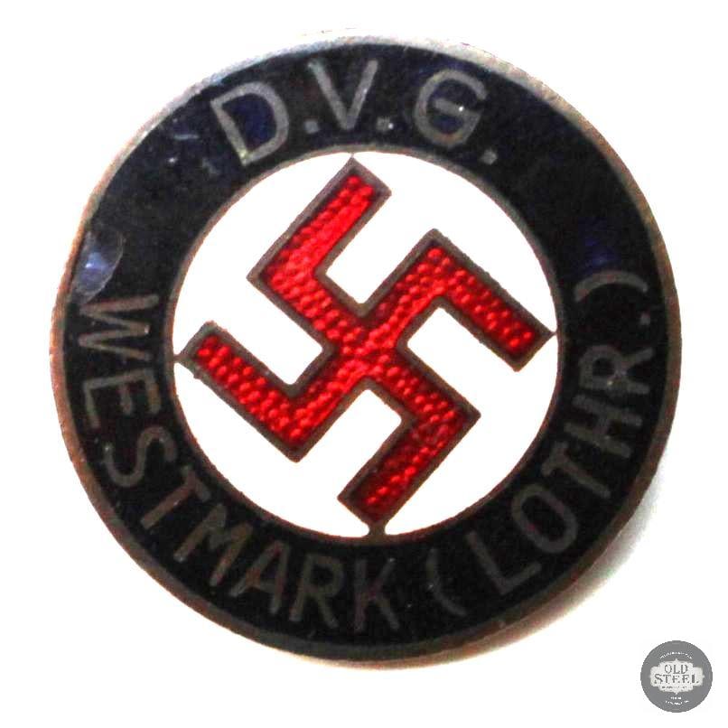 Original German DVG Westmark Political Pin - WWII: DVG Westmark (Lothr.) pin with markings on the reverse reading: W. REDO SAARLAUTERN THIS ITEM IS AS PICTURED WITH NO FURTHER ATTACHMENTS. ALL SALES AR