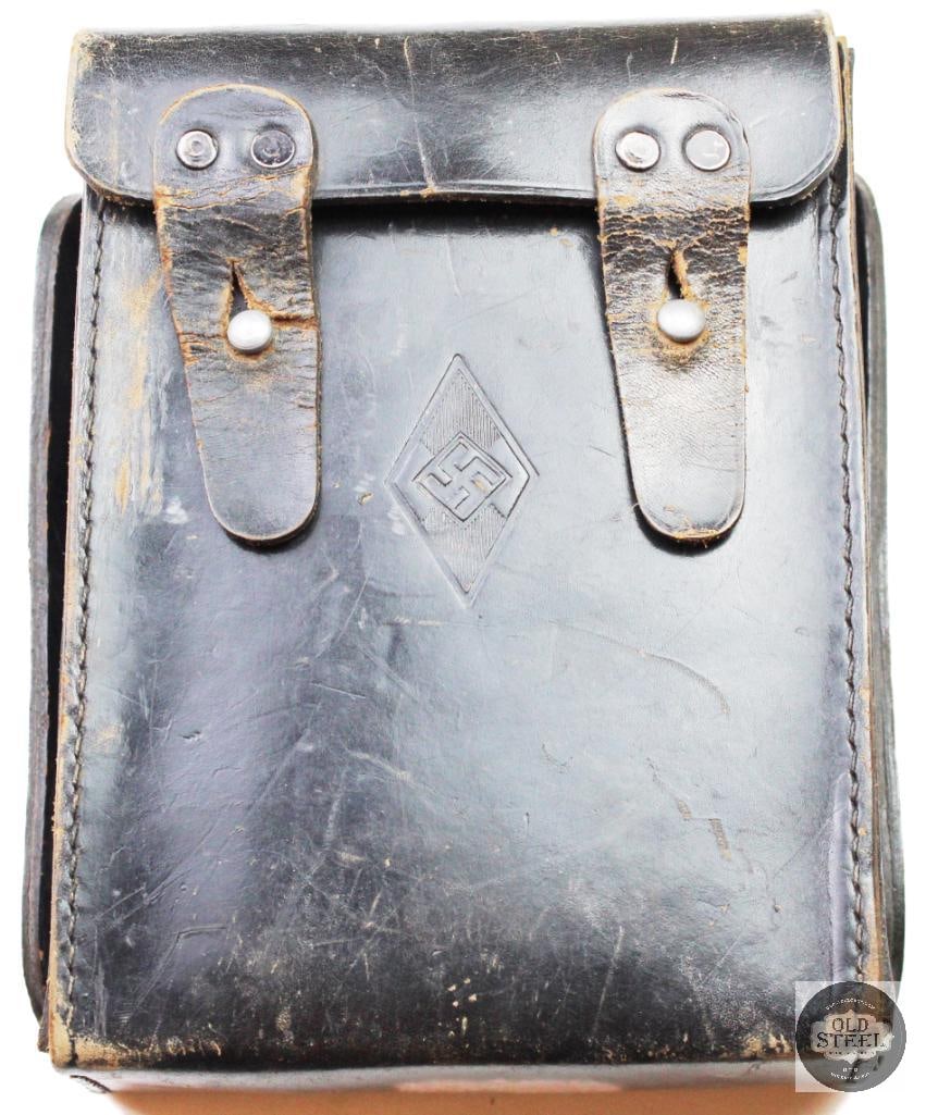 Original WWII Hitler Youth Black Leather Medical Pouch: This black leather medical pouch is an original field equipment item associated with the Hitler Youth (Hitlerjugend) during the Second World War. Constructed of black leather with period hardware,