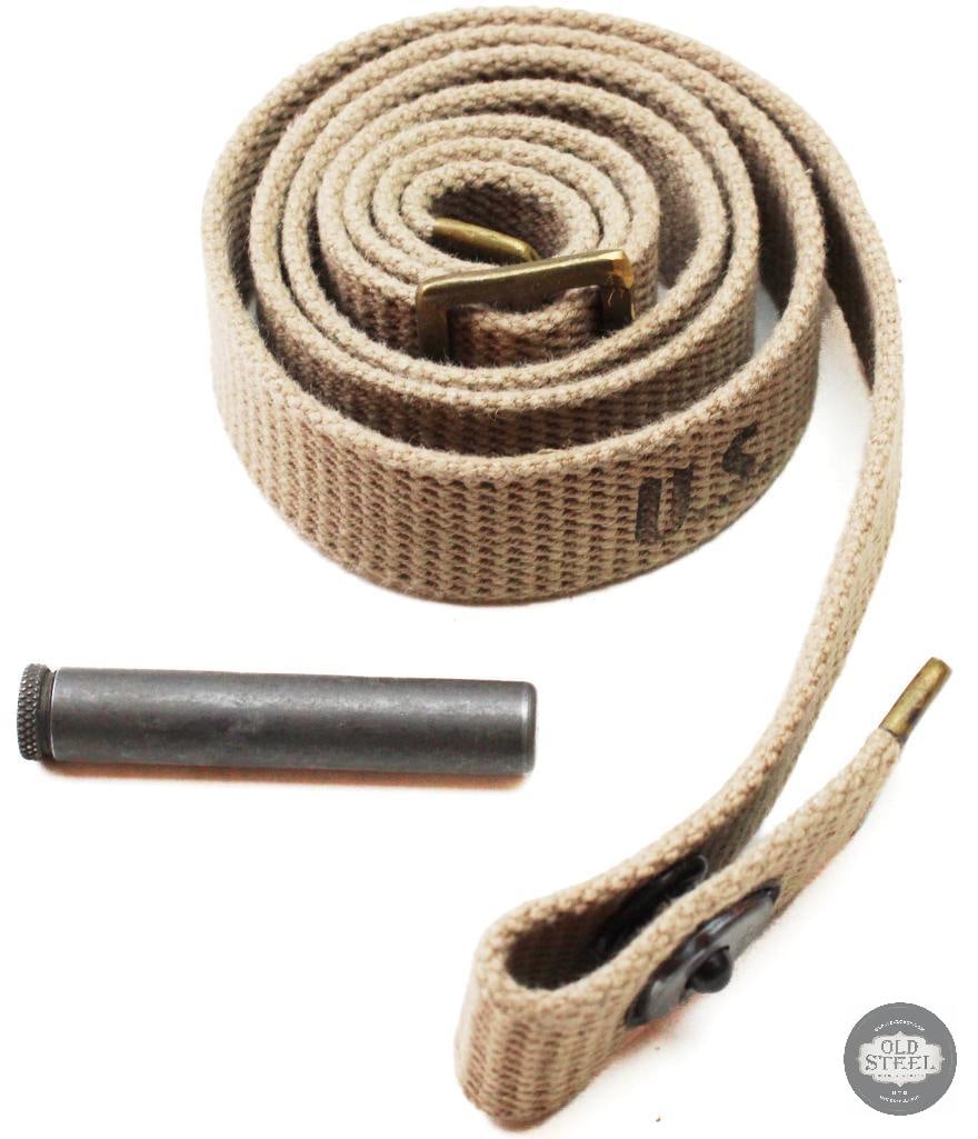 =U.S. M1 Carbine Tan Sling w/ Oiler Military Rifle Accessory: This U.S. M1 Carbine tan sling comes complete with an oiler. The sling shows light age-related wear and remains in good overall condition as a collectible military accessory. The oiler is included as