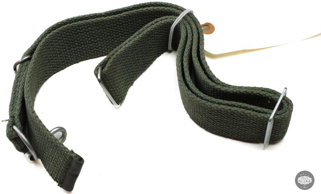 Unknown Military Light Green Canvas Rifle Sling Possibly AK Pattern: This light green canvas rifle sling is of unknown origin but is believed to be compatible with an AK-pattern rifle or similar military firearm. Constructed of durable canvas with metal hardware, the