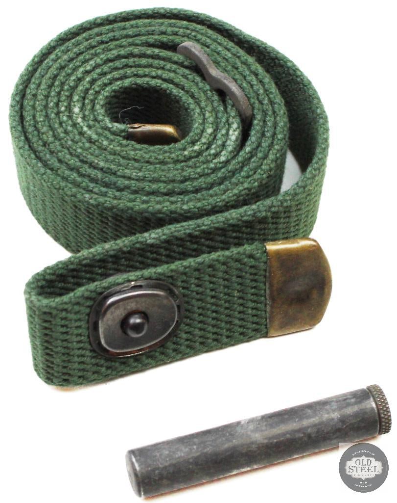 Dark Green Canvas M1 Carbine Sling w/ Oiler U.S. Military Accessory: Dark green M1 Carbine sling with included oiler. The sling shows age-related wear and handling marks consistent with use and storage, while remaining in solid overall condition. The canvas material an