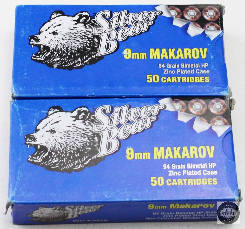 2 Boxes Russian Silver Bear 9x18 Makarov 94gr HP Ammunition 100rds: 2 Boxes Russian Silver Bear 9x18 Makarov 94gr HP Ammunition 100rds THIS ITEM IS AS PICTURED WITH NO FURTHER ATTACHMENTS. ALL SALES ARE FINAL. PLEASE R
