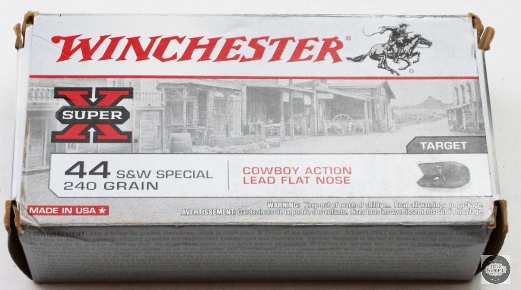 Box of Winchester Super-X 44 S&W Special 240gr Cowboy Action Lead Flat Nose - 50rds: Box of Winchester Super-X 44 S&W Special 240gr Cowboy Action Lead Flat Nose - 50rds THIS ITEM IS AS PICTURED WITH NO FURTHER ATTACHMENTS. ALL SALE