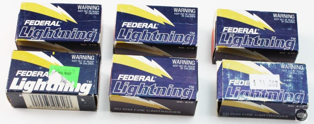 6 Boxes Federal Lightning 22LR Ammunition - 300rds: 6 Boxes Federal Lightning 22LR Ammunition - 300rds THIS ITEM IS AS PICTURED WITH NO FURTHER ATTACHMENTS. ALL SALES ARE FINAL. PLEASE REFER TO THE AUCT