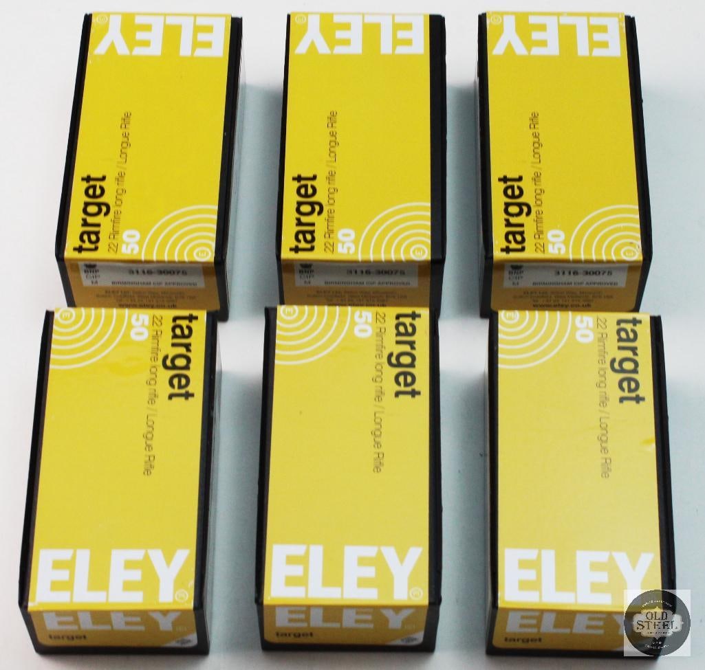 6 Boxes Eley 22LR Ammunition - 300rds: 6 Boxes Eley 22LR Ammunition - 300rds THIS ITEM IS AS PICTURED WITH NO FURTHER ATTACHMENTS. ALL SALES ARE FINAL. PLEASE REFER TO THE AUCTION DESCRIPTION, LOT #1 DESCRIPTION AND TERMS OF