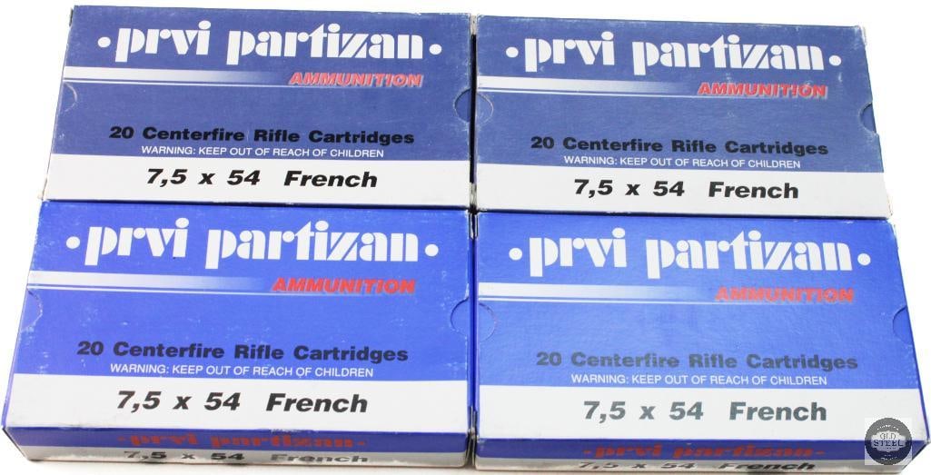 4 Boxes Prvi Partizan 7.5x54 French 139gr FMJ Ammunition - 80rds: 4 Boxes Prvi Partizan 7.5x54 French 139gr FMJ Ammunition - 80rds THIS ITEM IS AS PICTURED WITH NO FURTHER ATTACHMENTS. ALL SALES ARE FINAL. PLEASE REFER TO THE AUCTION DESCRIPTION, LOT