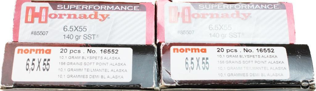 4 Boxes 6.5x55 Ammunition - Norma, Hornady - 80rds - 2