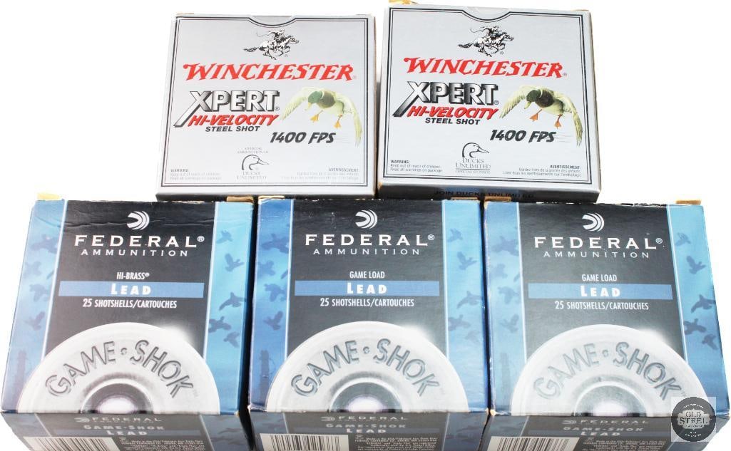 5 Boxes 12ga Shotshell Ammunition - Federal and Winchester - 125rds: 5 Boxes 12ga Shotshell Ammunition - Federal and Winchester - 125rds THIS ITEM IS AS PICTURED WITH NO FURTHER ATTACHMENTS. ALL SALES ARE FINAL. PLEASE REFER TO THE AUCTION DESCRIPTION, LOT