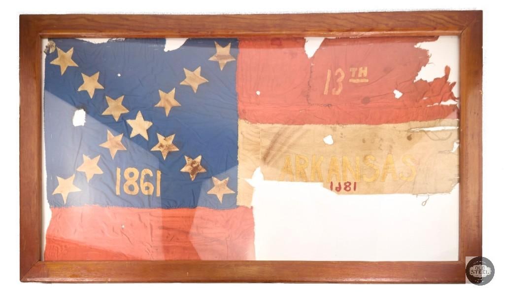 1861 Confederate First National Flag "Stars and Bars" of the Arkansas 13th infantry: This flag is an early Confederate First National pattern, commonly known as the Stars and Bars, configured with red-white-red horizontal bars and a blue canton. The visible inscriptions identify it