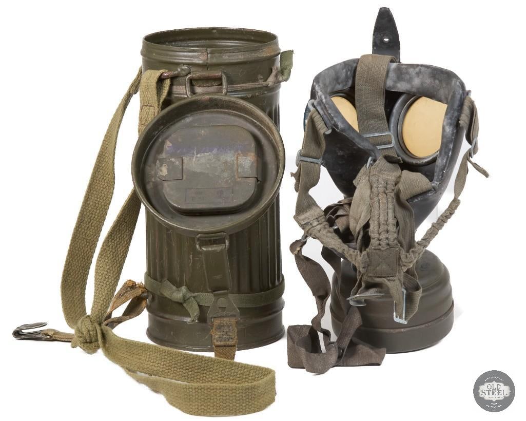 Original WWII German Gas Mask w/ Filter & Carrier C. 1940s Complete Set - 2