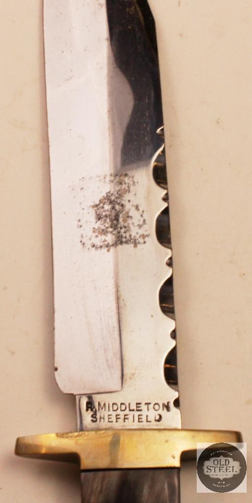 R. Middleton Sheffield England Fixed Blade Knife 8 Horn Handle Brass Guard - 4