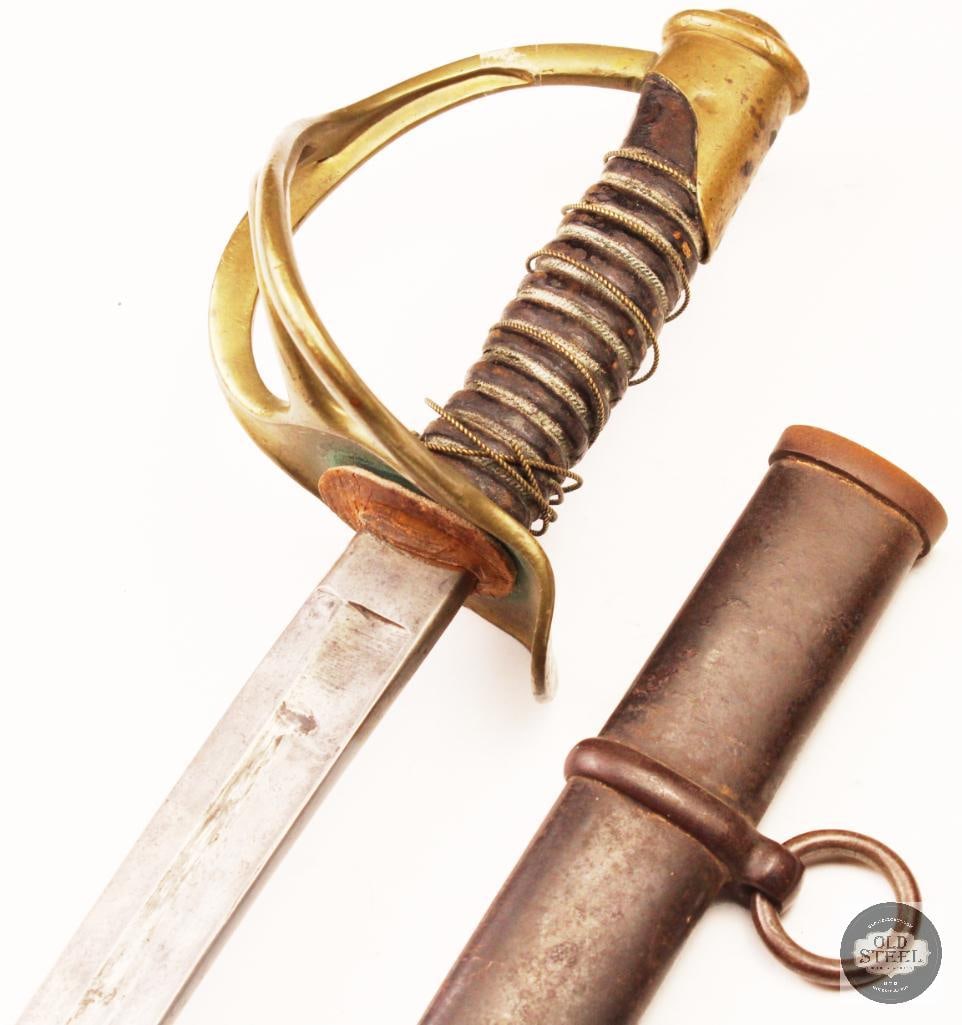 Vintage Cavalry Sword Unmarked 35.5 Blade w/ Scabbard Wire-Wrapped Grip: intage cavalry sword featuring an unmarked blade measuring approximately 35.5 inches and accompanied by its scabbard. The sword displays age-related wear, handling marks, and patina consistent with