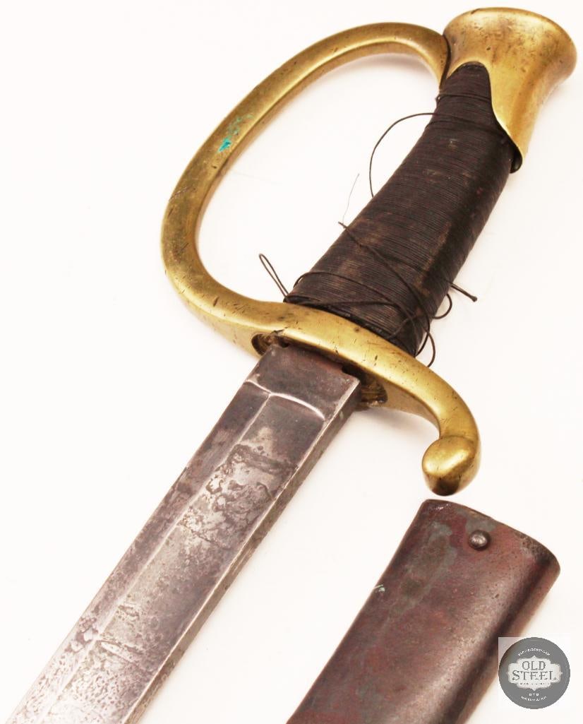 Vintage Civil War Era Cavalry Sabre w/ Scabbard Unmarked Wire-Wrapped Grip: Vintage Civil War era cavalry sabre featuring an unmarked curved blade and accompanied by its scabbard. The sword displays age-related wear, handling marks, and patina consistent with long-term storag