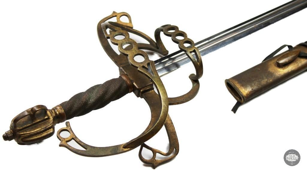 Original French Chevalier Sword Klingenthal w/ Scabbard: Original French chevalier sword attributed to Klingenthal manufacture, complete with its scabbard. The sword features a straight blade and period-style hilt construction consistent with French