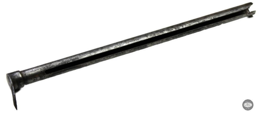 World War II German MG42 machine gun cleaning rod: Vintage World War II German MG42 machine gun cleaning rod (or gas piston tool/extender). It features the distinct long hollow channel along the main body, a specialized notched prong tip on the right 