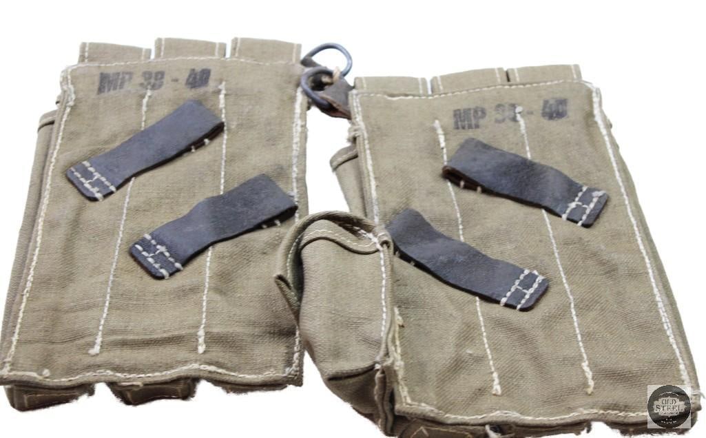 World War II German MP 38/40 ammunition pouch: Lot of 1 World War II German MP 38/40 ammunition pouch. made from heavy green canvas with leather straps, and metal D rings. THIS ITEM IS AS PICTURED WITH NO FURTHER ATTACHMENTS. ALL