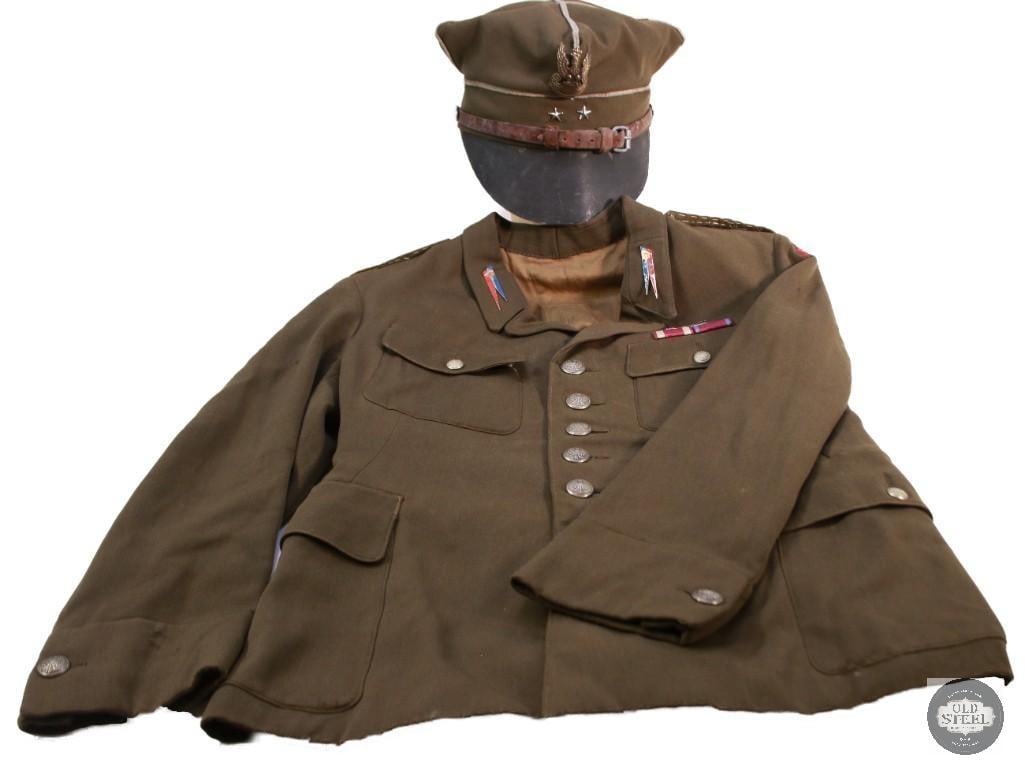 Polish WWII Uniform W/ 7Th Armoured Regiment and Rogatywka cap: Up for auction is a Polish military uniform jacket bearing the 7th Armored Regiment insignia and a red embroidered "POLAND" shoulder title. The uniform is accompanied by a Rogatywka cap of the type