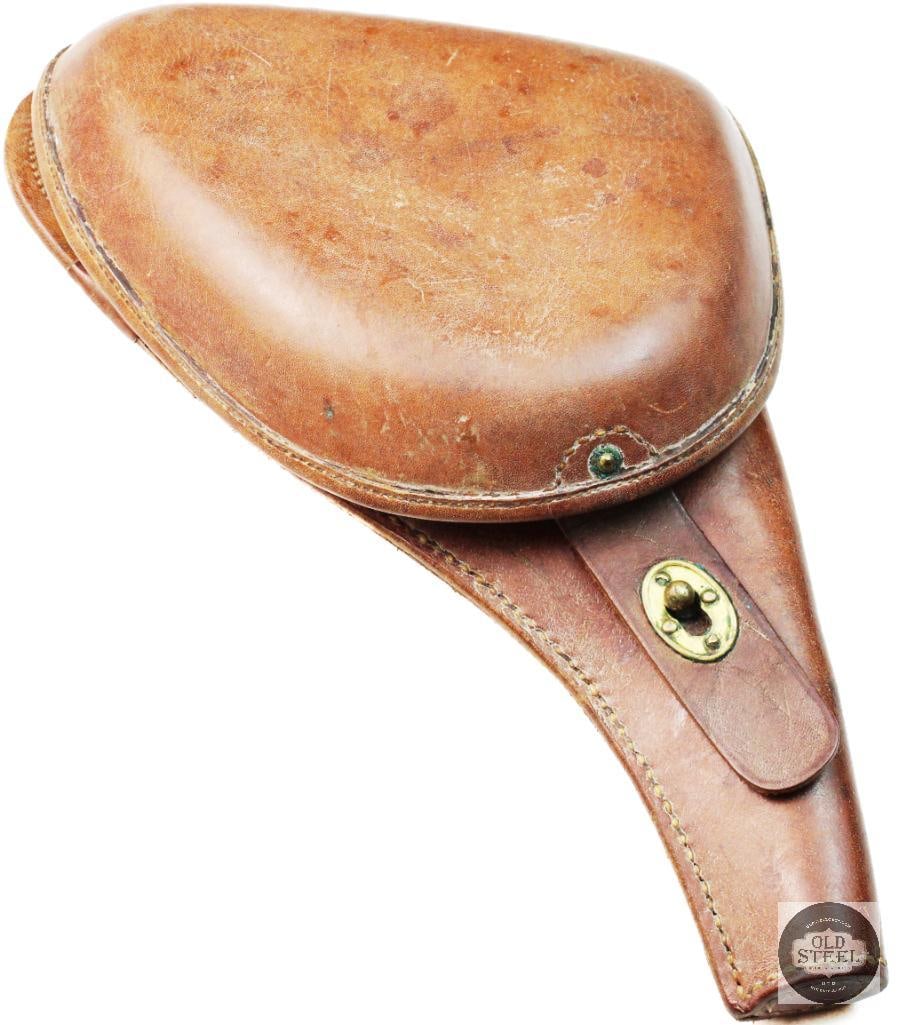 Model 1905 Argentine Contract Pistol Holster Original Steyr Mannlicher: Original Steyr Mannlicher Model 1905 Argentine Contract Pistol Holster, in the brown leather clamshell pattern. Brass hardware, Tight Stitching, leather has stiffened with age. Overall shows light