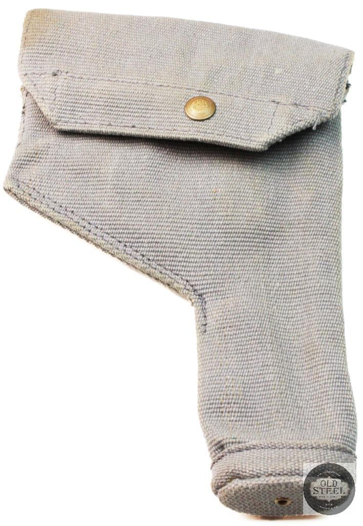 Royal Air Force (RAF) Holster: This is a British WWII Royal Air Force (RAF) holster, constructed from blue-grey canvas webbing. It was typically designed to hold service revolvers such as the Webley or Enfield. These holsters were