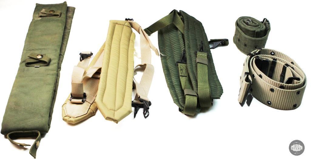 U.S. Military Issue LC-1 and ALICE Load-Bearing Gear: These items are U.S. Military issue LC-1 and ALICE load-bearing gear, including padded suspenders and webbing belts. The nylon suspenders are designed to support heavy equipment loads on the
