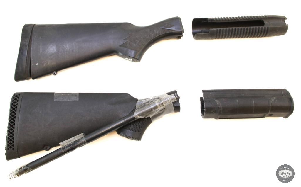 2 Sets of Pump Action Shotgun Polymer Furniture: 2 sets of pump action shotgun furniture, one appears to be for a Remington 870 with a shortened pump grip, and the other appears to be for a Mossberg 500. 
