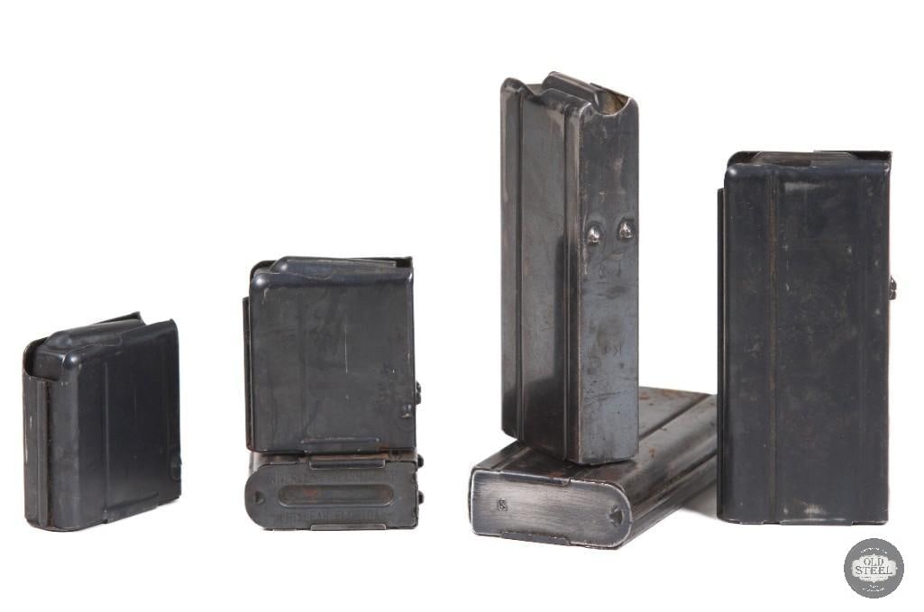 Lot of 6 M1 Carbine Magazines - 10 and 5rd Mags: K marked baseplate on one of the 10 rounders and I-P-K on the back. Another of the 3 10 round mags has K-I on the spine and the third mag has AL on the back. The short mags are unmarked save for