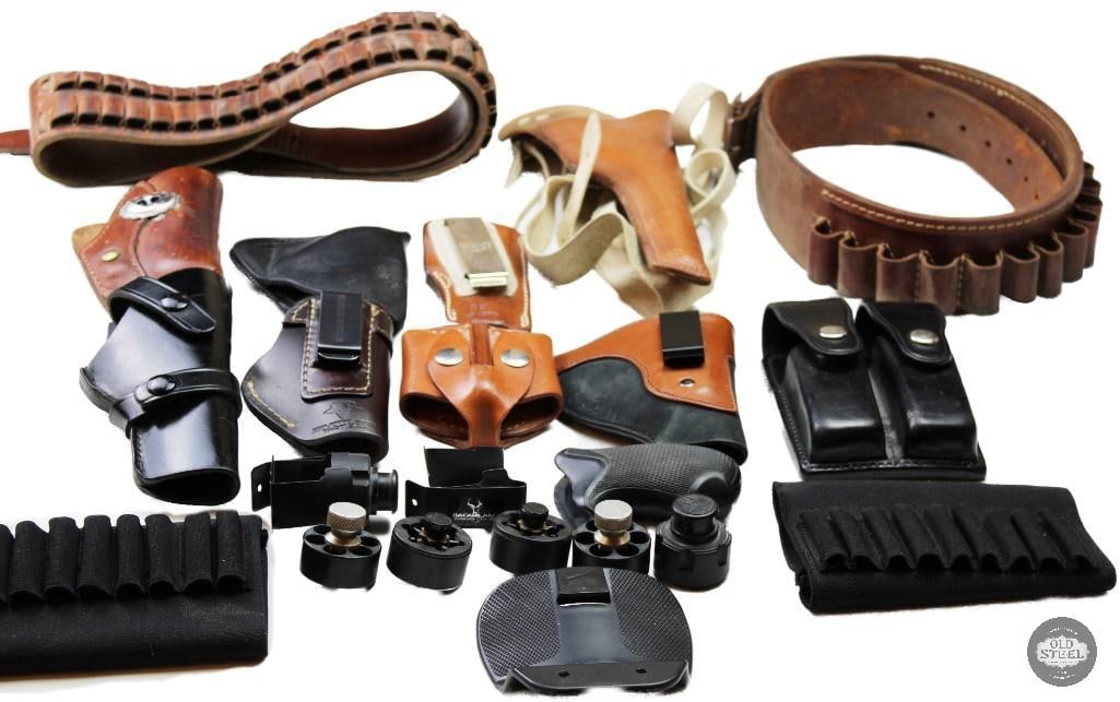 Assorted Leather Holsters, Belts and Pouches: Assorted Leather Holsters, Belts and Pouches THIS ITEM IS AS PICTURED WITH NO FURTHER ATTACHMENTS. ALL SALES ARE FINAL. PLEASE REFER TO THE AUCTION DESCRIPTION, LOT #1 DESCRIPTION AND