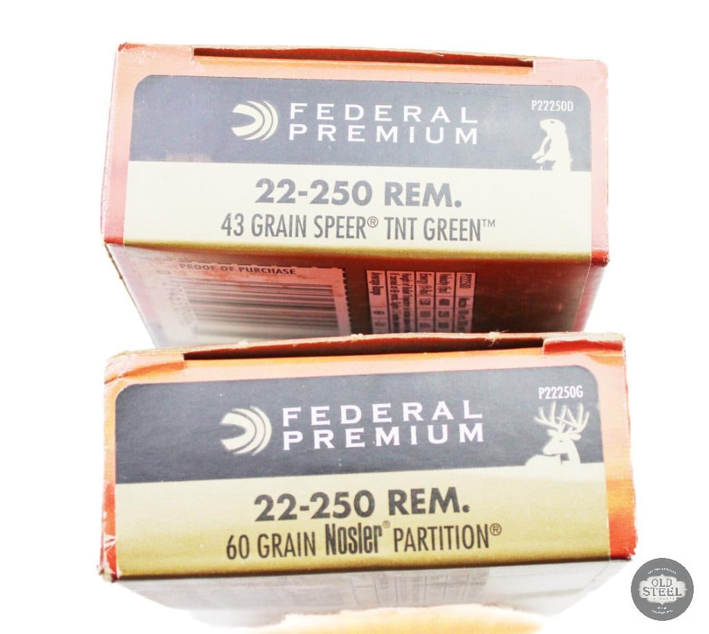 2 Boxes Federal 22-250 REM Ammunition - 39rds: 19rd Partial Box 22-250 REM 60gr Nosler Partition 20rd Box 22-250 REM 43gr Speer TNT Green THIS ITEM IS AS PICTURED WITH NO FURTHER ATTACHMENTS. ALL SALES ARE FINAL. PLEASE REFER TO THE