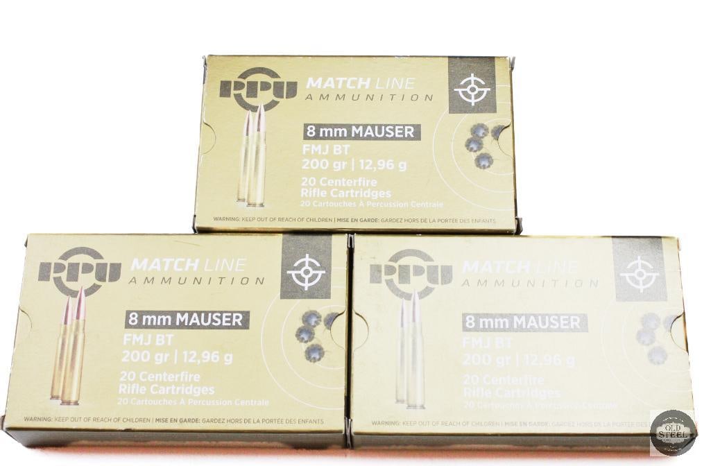 3 Boxes PPU MatchLine 8mm Mauser 200gr FMJBT Ammunition - 60rds: 3 Boxes PPU MatchLine 8mm Mauser 200gr FMJBT Ammunition - 60rds THIS ITEM IS AS PICTURED WITH NO FURTHER ATTACHMENTS. ALL SALES ARE FINAL. PLEASE REFER TO THE AUCTION DESCRIPTION, LOT