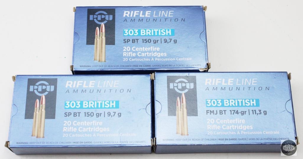 3 Boxes PPU 303 British - 60rds: 2 Boxes 150gr SPBT - 40rds 1 Box 174gr FMJ BT - 20rds THIS ITEM IS AS PICTURED WITH NO FURTHER ATTACHMENTS. ALL SALES ARE FINAL. PLEASE REFER TO T