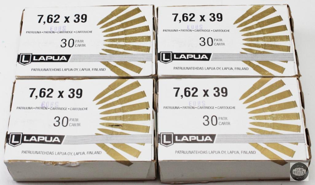 4 Boxes Lapua 7.62x39mm 123gr FMJ Ammunition - 120rds: 4 Boxes Lapua 7.62x39mm 123gr FMJ Ammunition - 120rds THIS ITEM IS AS PICTURED WITH NO FURTHER ATTACHMENTS. ALL SALES ARE FINAL. PLEASE REFER TO THE AUCTION DESCRIPTION, LOT