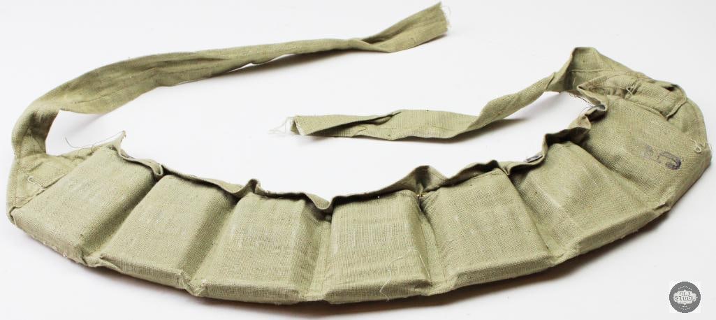 70rds Clipped Turkish 8mm Mauser in Cloth Bandoleer: 70rds Clipped Turkish 8mm Mauser in Cloth Bandoleer THIS ITEM IS AS PICTURED WITH NO FURTHER ATTACHMENTS. ALL SALES ARE FINAL. PLEASE REFER TO THE AUC