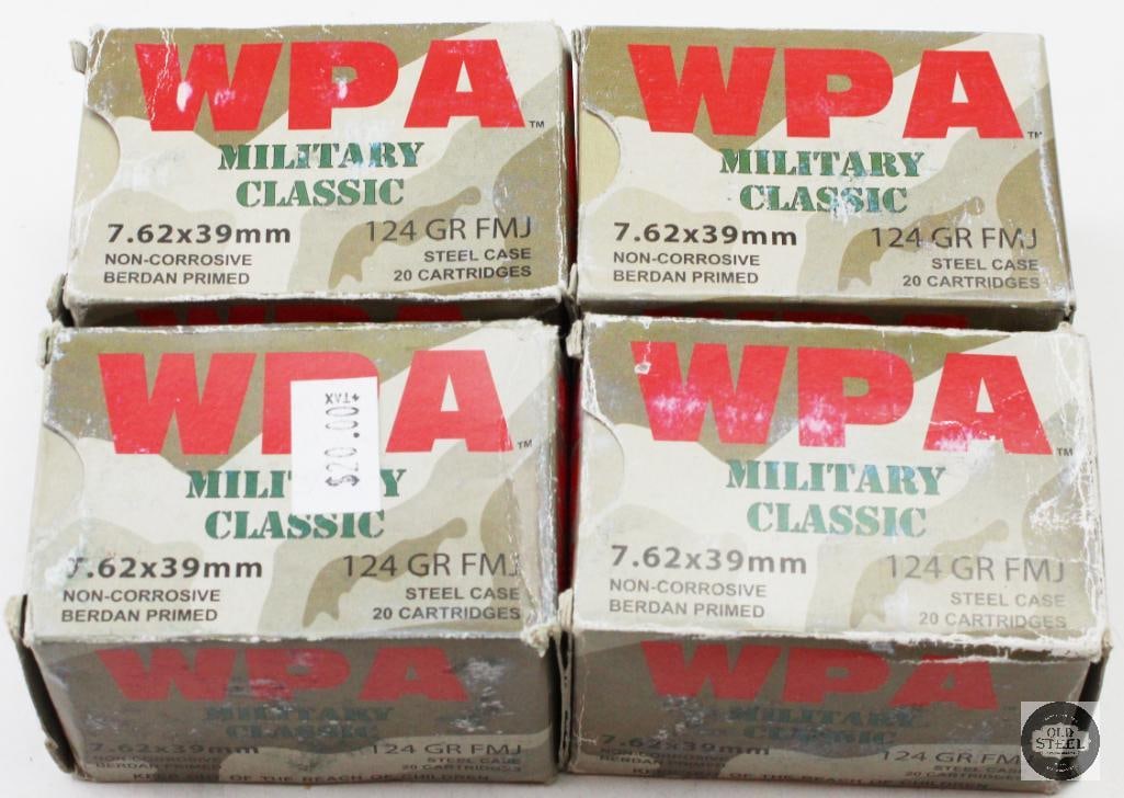4 Boxes Wolf Performance 7.62x39mm 124gr FMJ Ammunition - 80rds: 4 Boxes Wolf Performance 7.62x39mm 124gr FMJ Ammunition - 80rds THIS ITEM IS AS PICTURED WITH NO FURTHER ATTACHMENTS. ALL SALES ARE FINAL. PLEASE REFER TO THE AUCTION DESCRIPTION, LOT