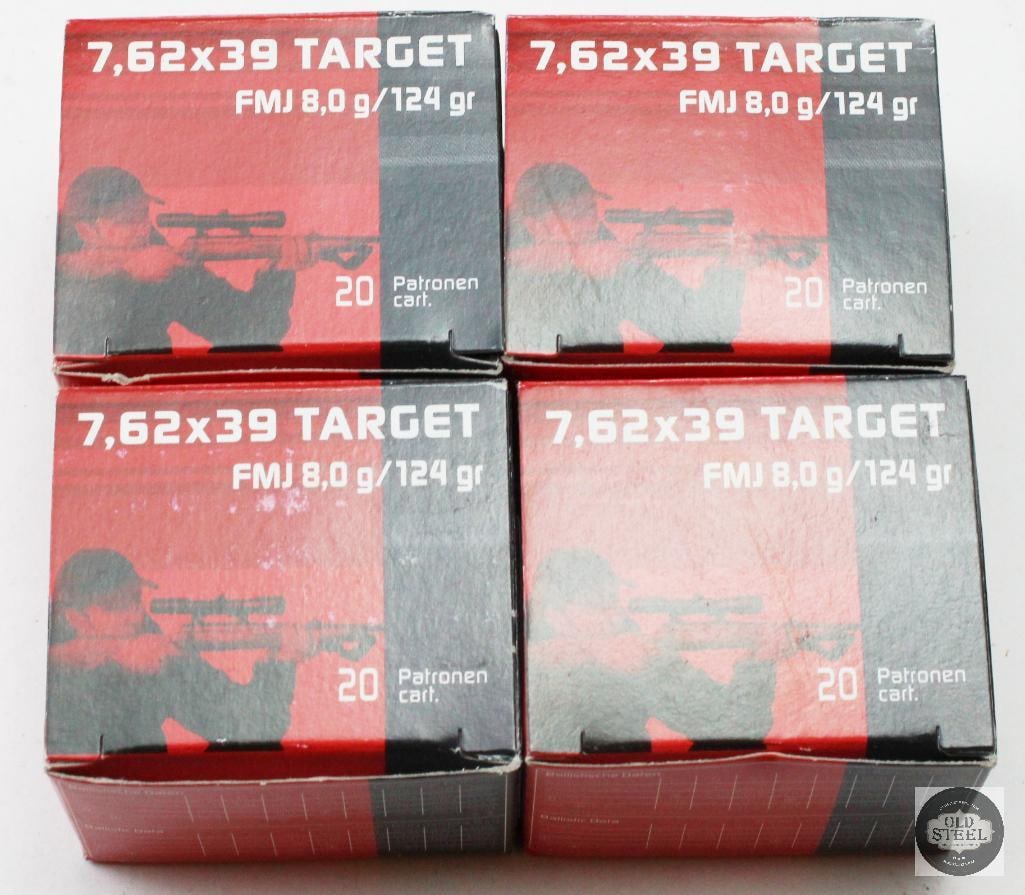 4 Boxes Geco 7.62x39mm 124gr FMJ Ammunition - 80rds: 4 Boxes Geco 7.62x39mm 124gr FMJ Ammunition - 80rds THIS ITEM IS AS PICTURED WITH NO FURTHER ATTACHMENTS. ALL SALES ARE FINAL. PLEASE REFER TO THE AUCTION DESCRIPTION, LOT #1 DESCRIPTION