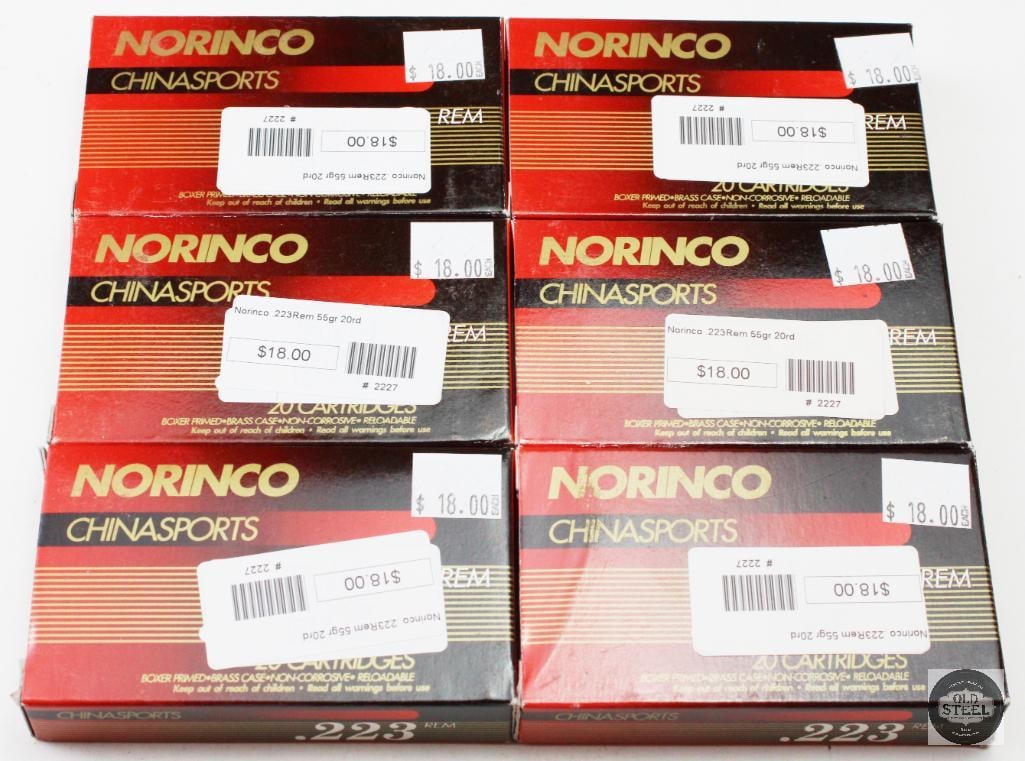 6 Boxes Norinco 223 REM 55gr FMJ Chinasports Ammunition - 120rds: 6 Boxes Norinco 223 REM 55gr FMJ Chinasports Ammunition - 120rds THIS ITEM IS AS PICTURED WITH NO FURTHER ATTACHMENTS. ALL SALES ARE FINAL. PLEASE REF