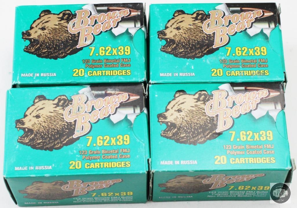 4 Boxes Russian Brown Bear 7.62x39mm 123gr FMJ Ammunition - 80rds: 4 Boxes Russian Brown Bear 7.62x39mm 123gr FMJ Ammunition - 80rds THIS ITEM IS AS PICTURED WITH NO FURTHER ATTACHMENTS. ALL SALES ARE FINAL. PLEASE RE