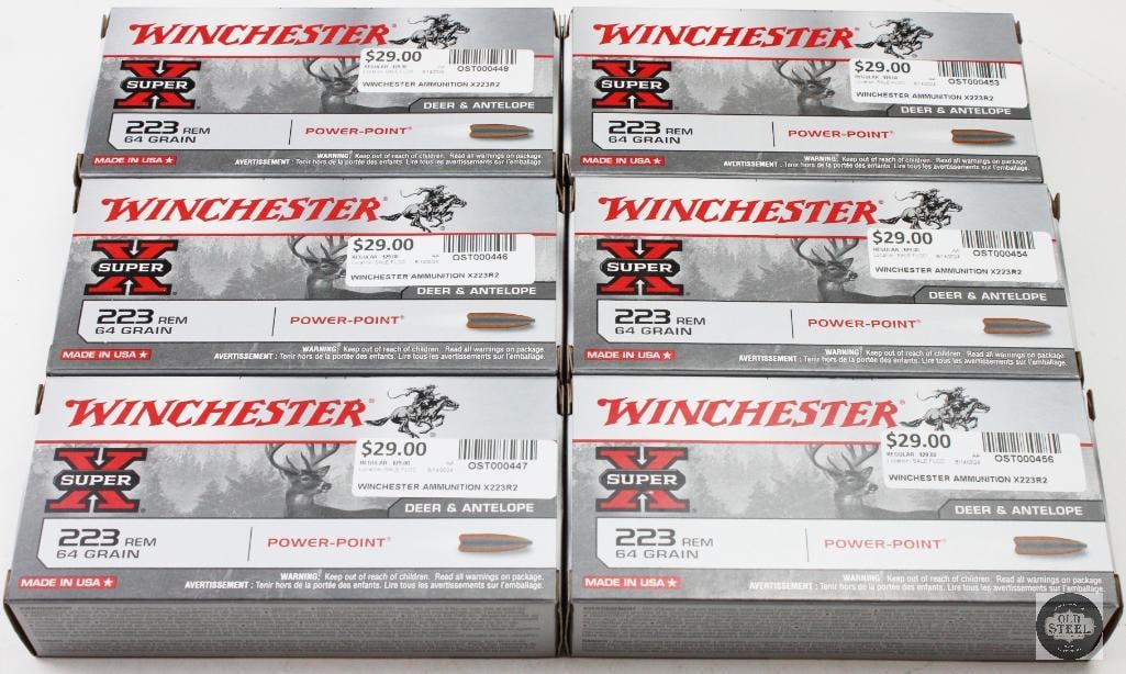 6 Boxes Winchester 223REM 64gr Power-Point Super-X Ammunition - 120rds: 6 Boxes Winchester 223REM 64gr Power-Point Super-X Ammunition - 120rds THIS ITEM IS AS PICTURED WITH NO FURTHER ATTACHMENTS. ALL SALES ARE FINAL. PLEASE REFER TO THE AUCTION DESCRIPTION, LOT