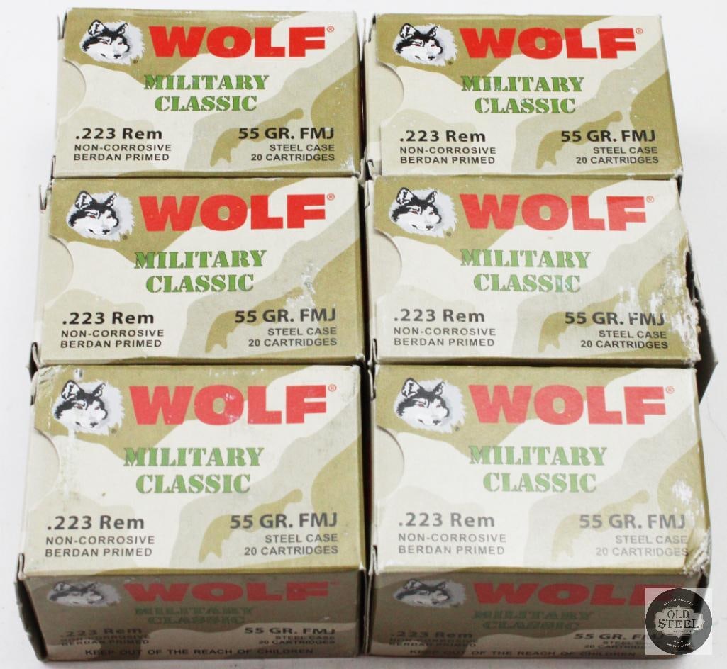 6 Boxes Wolf Performance Military Classic 223 REM 55grFMJ Ammunition - 120rds: 6 Boxes Wolf Performance Military Classic 223 REM 55grFMJ Ammunition - 120rds THIS ITEM IS AS PICTURED WITH NO FURTHER ATTACHMENTS. ALL SALES ARE FINAL. PLEASE REFER TO THE AUCTION