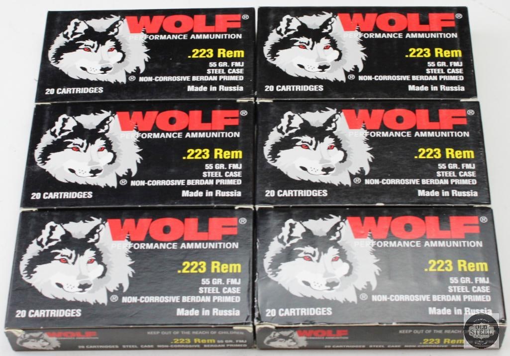 6 Boxes Wolf 223 REM 55gr Ammunition - 120rds: 6 Boxes Wolf 223 REM 55gr Ammunition - 120rds THIS ITEM IS AS PICTURED WITH NO FURTHER ATTACHMENTS. ALL SALES ARE FINAL. PLEASE REFER TO THE AUCTION D