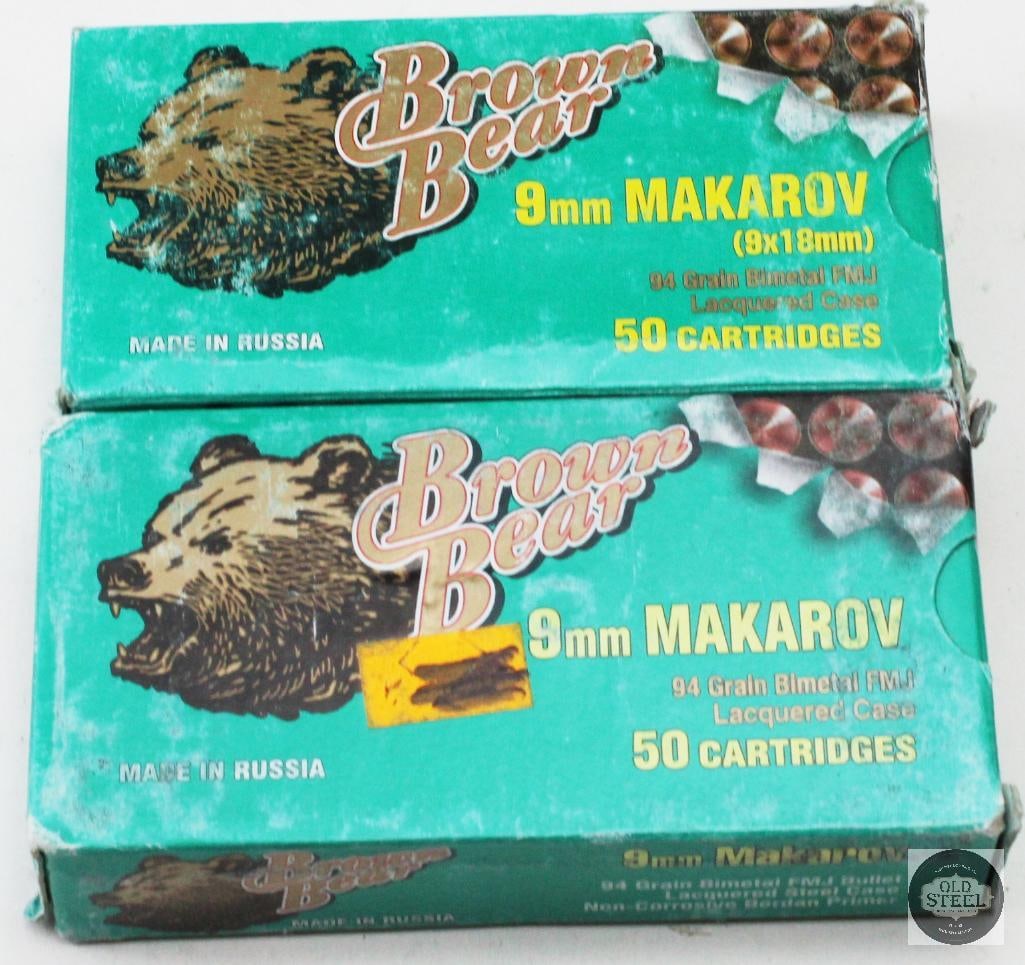 2 Boxes Russian Brown Bear 9x18 Makarov 94gr FMJ Ammunition 100rds: 2 Boxes Russian Brown Bear 9x18 Makarov 94gr FMJ Ammunition 100rds THIS ITEM IS AS PICTURED WITH NO FURTHER ATTACHMENTS. ALL SALES ARE FINAL. PLEASE REFER TO THE AUCTION DESCRIPTION, LOT