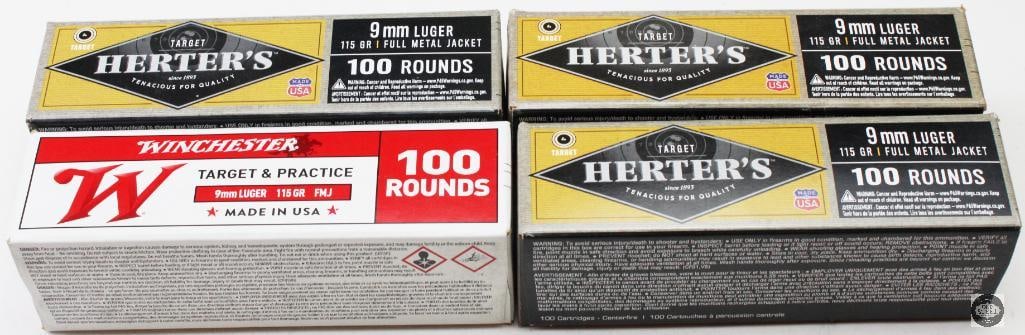 4 Boxes 9mm Luger 115gr FMJ Ammunition - 400rds: 3 boxes Herter's - 300rds 1 box Winchester Target - 100rds THIS ITEM IS AS PICTURED WITH NO FURTHER ATTACHMENTS. ALL SALES ARE FINAL. PLEASE REFER TO THE AUCTION DESCRIPTION, LOT