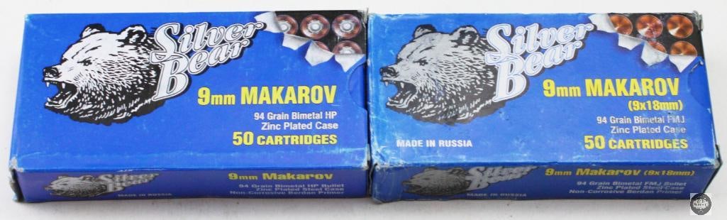 2 Boxes Russian Silver Bear 9x18 Makarov 94gr Ammunition 100rds: 2 Boxes Russian Silver Bear 9x18 Makarov 94gr Ammunition 100rds THIS ITEM IS AS PICTURED WITH NO FURTHER ATTACHMENTS. ALL SALES ARE FINAL. PLEASE REFER TO THE AUCTION DESCRIPTION, LOT