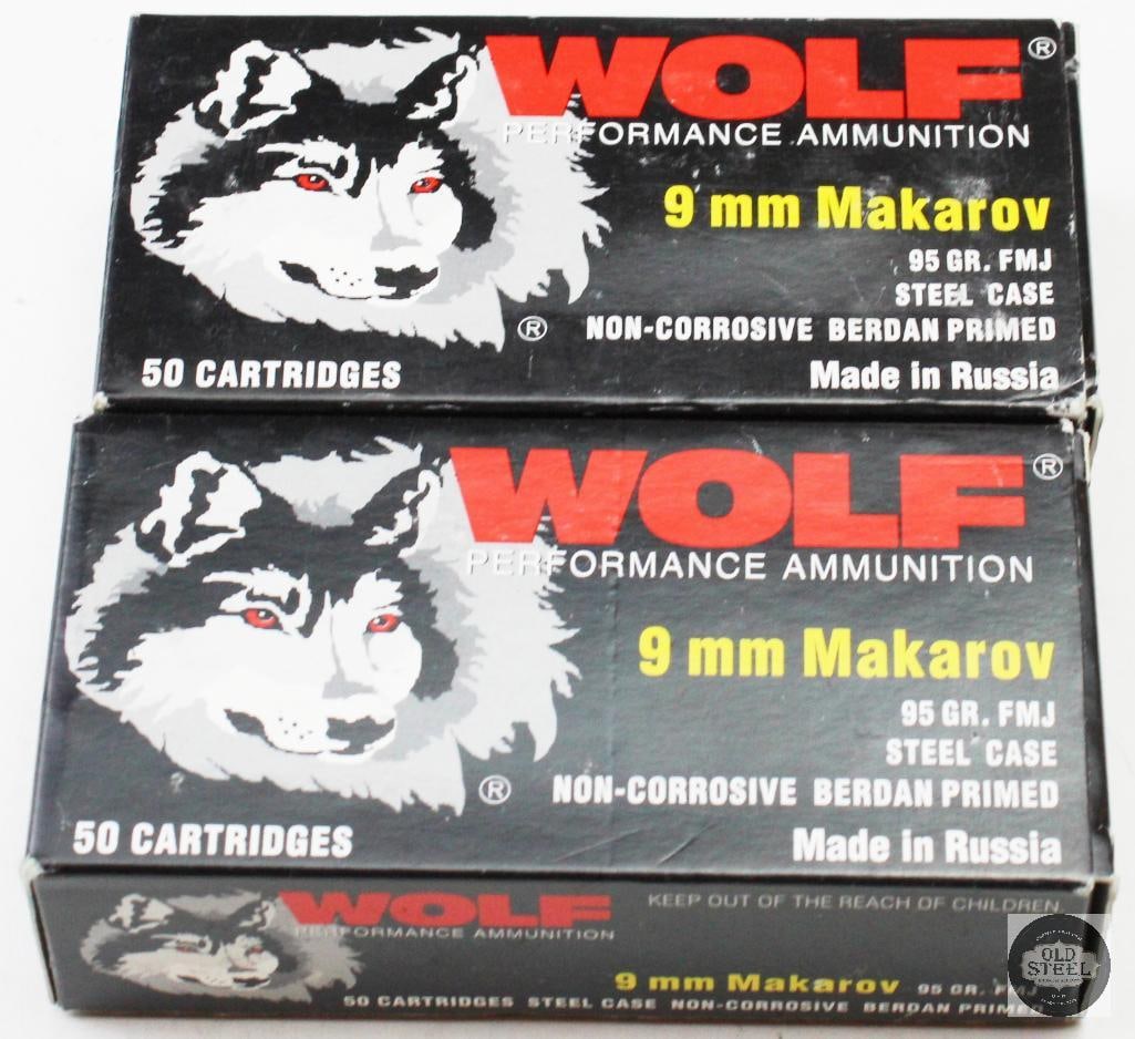 2 Boxes Wolf 9x18mm Makarov 95gr FMJ Ammunition - 100rds: 2 Boxes Wolf 9x18mm Makarov 95gr FMJ Ammunition - 100rds THIS ITEM IS AS PICTURED WITH NO FURTHER ATTACHMENTS. ALL SALES ARE FINAL. PLEASE REFER TO THE AUCTION DESCRIPTION, LOT