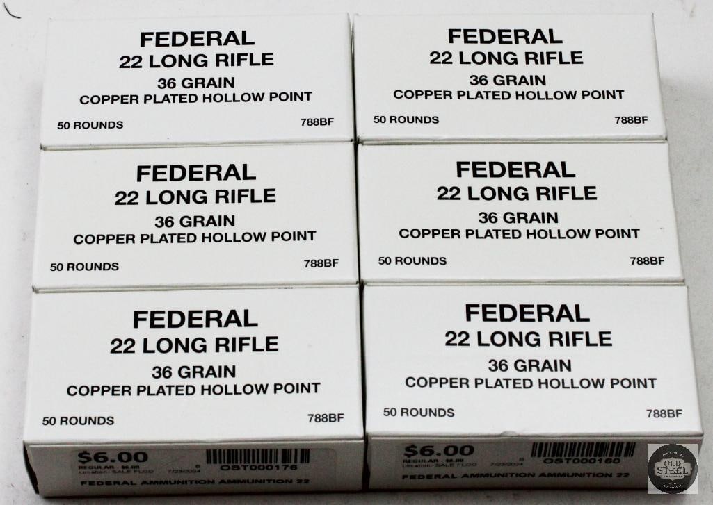 6 Boxes Federal 22LR 36gr CPHP Ammunition - 300rds: 6 Boxes Federal 22LR 36gr CPHP Ammunition - 300rds THIS ITEM IS AS PICTURED WITH NO FURTHER ATTACHMENTS. ALL SALES ARE FINAL. PLEASE REFER TO THE AUCTION DESCRIPTION, LOT #1 DESCRIPTION