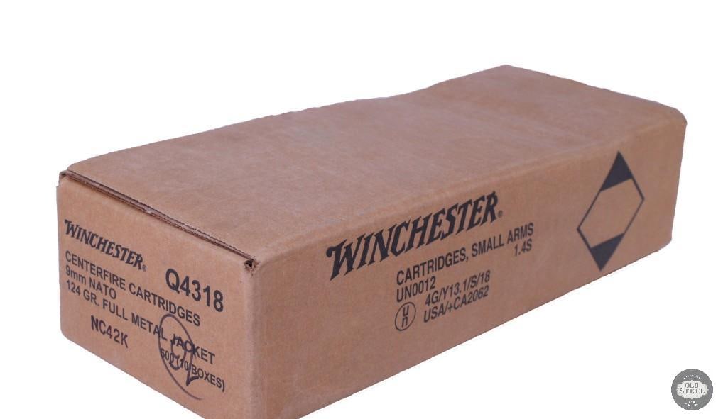 500 round sealed cae of Winchester 9mm NATO, 124 grain: One lot of 500 round sealed cae of Winchester 9mm NATO, 124 grain THIS ITEM IS AS PICTURED WITH NO FURTHER ATTACHMENTS. ALL SALES ARE FINAL. PLEASE REFER TO THE AUCTION DESCRIPTION, LOT