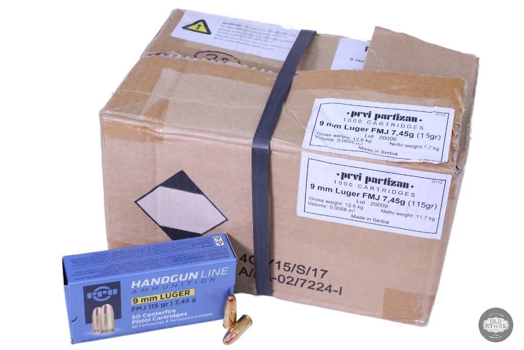 1000 round case of Prvi Partizan 9mm Luger, 115 grain: One lot of 1000 round case of Prvi Partizan 9mm Luger, 115 grain THIS ITEM IS AS PICTURED WITH NO FURTHER ATTACHMENTS. ALL SALES ARE FINAL. PLEASE REFER TO THE AUCTION DESCRIPTION, LOT