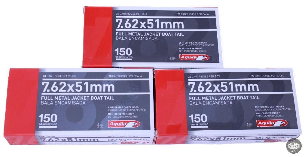 60 rounds of Aguila 7.62x51, 150 grain: One lot of 60 rounds of Aguila 7.62x51, 150 grain THIS ITEM IS AS PICTURED WITH NO FURTHER ATTACHMENTS. ALL SALES ARE FINAL. PLEASE REFER TO THE AUCTI