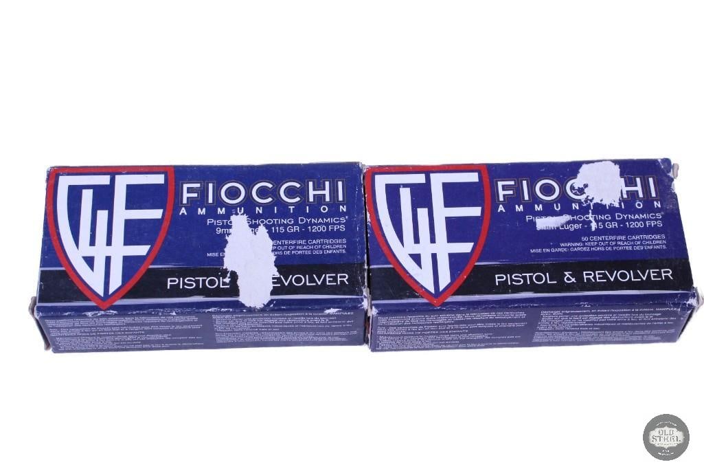 100 rounds of Fiocchi 9mm Luger, 115 grain: One lot of 100 rounds of Fiocchi 9mm Luger, 115 grain THIS ITEM IS AS PICTURED WITH NO FURTHER ATTACHMENTS. ALL SALES ARE FINAL. PLEASE REFER TO THE A