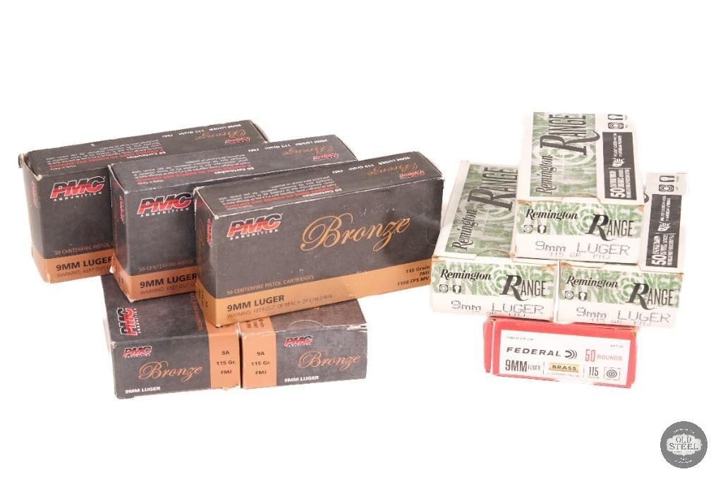 450 rounds of Federal, Remington, & PMC Bronze; 115 grain: One lot of 450 rounds of Federal, Remington, & PMC Bronze 9mm Luger; 115 grain THIS ITEM IS AS PICTURED WITH NO FURTHER ATTACHMENTS. ALL SALES ARE FINAL. PLEASE REFER TO THE AUCTION